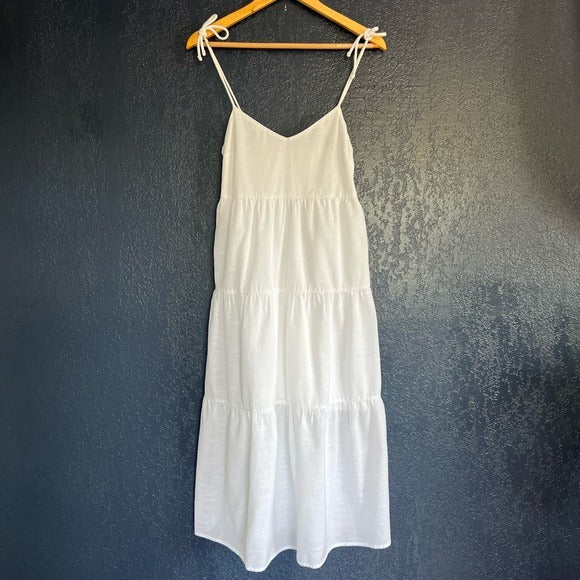 Abercrombie & Fitch Tie Strap Tiered Midi Dress in White