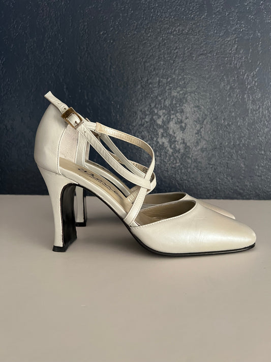 Vintage Dione Zapatos Metallic Gray Leather Crossed Ankle Strap Heels