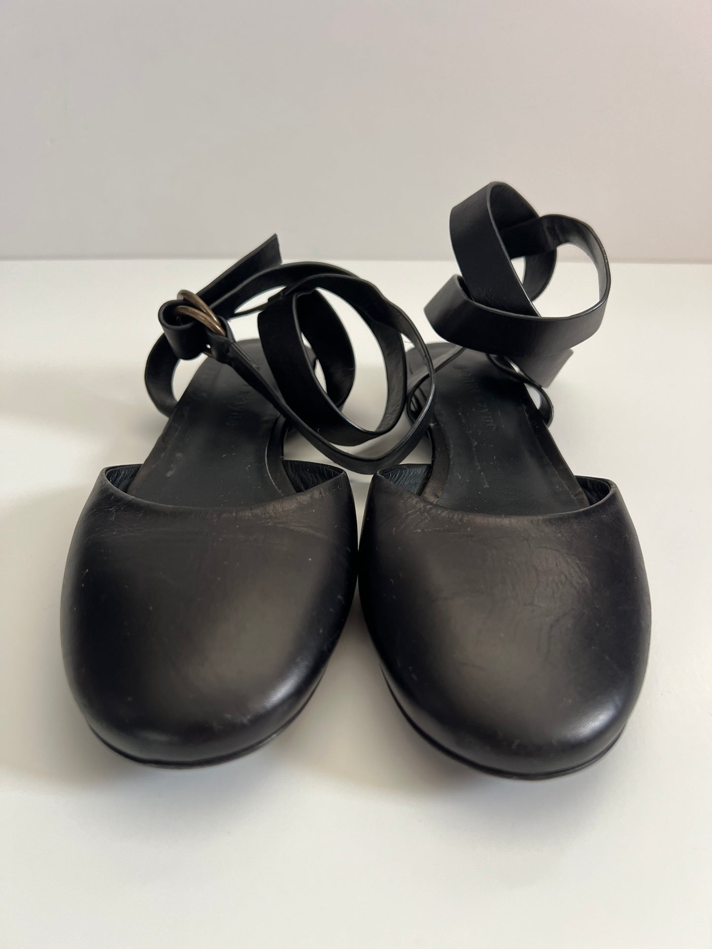 Jenni Kayne Black Lambskin Leather Ankle Wraparound Ballet Slipper Flats