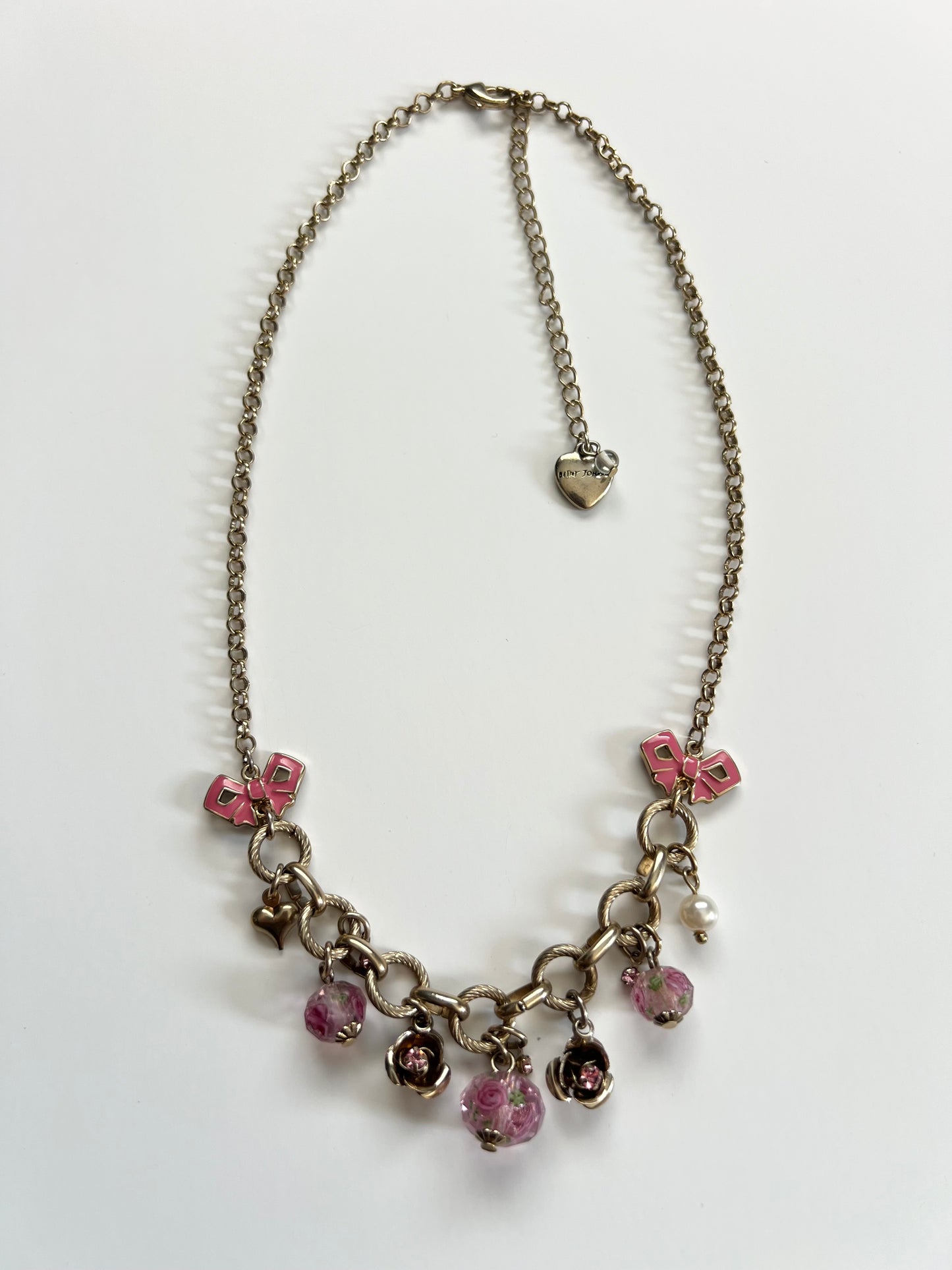Betsey Johnson Pink Bow & Rose Charm Necklace