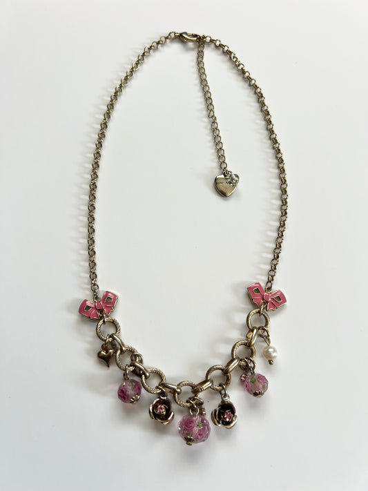 Betsey Johnson Pink Bow & Rose Charm Necklace