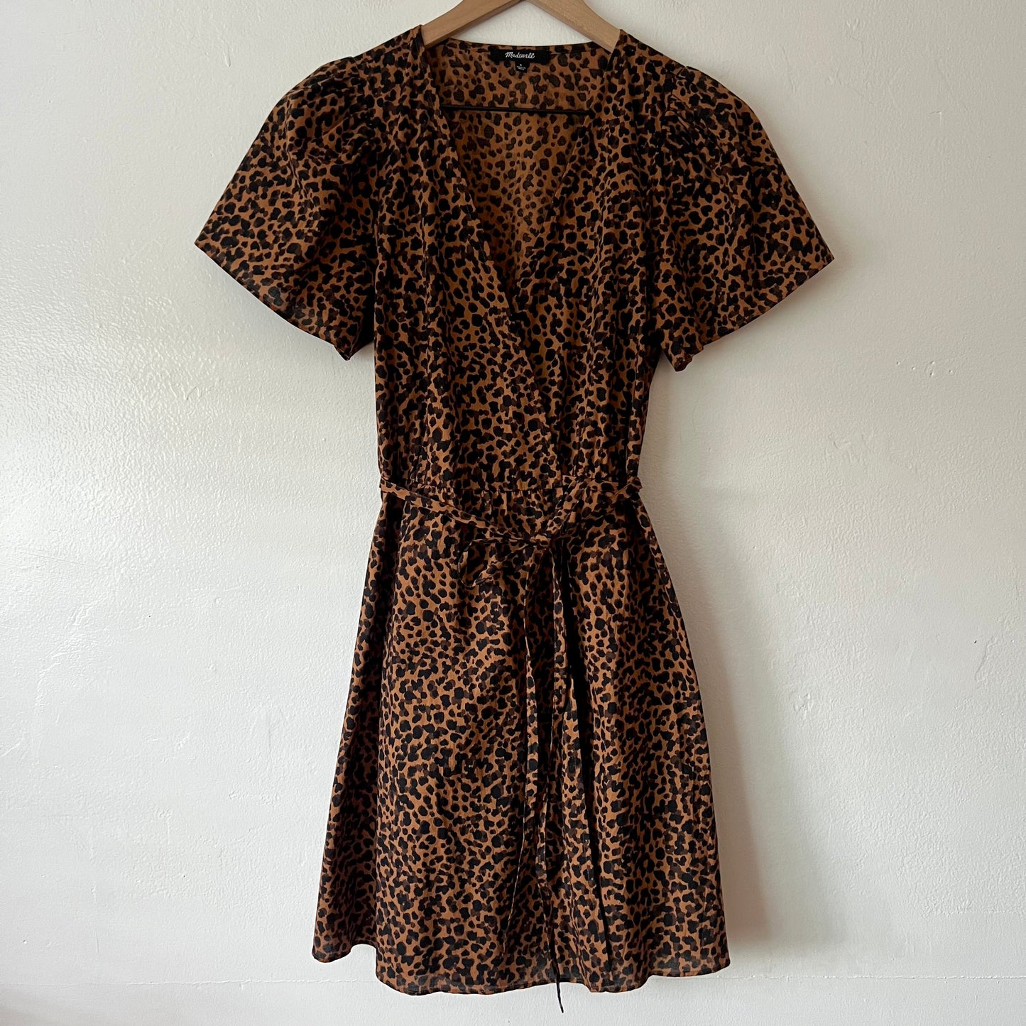 Madewell Petite Flutter-Sleeve Wrap Mini Dress in Painted Leopard