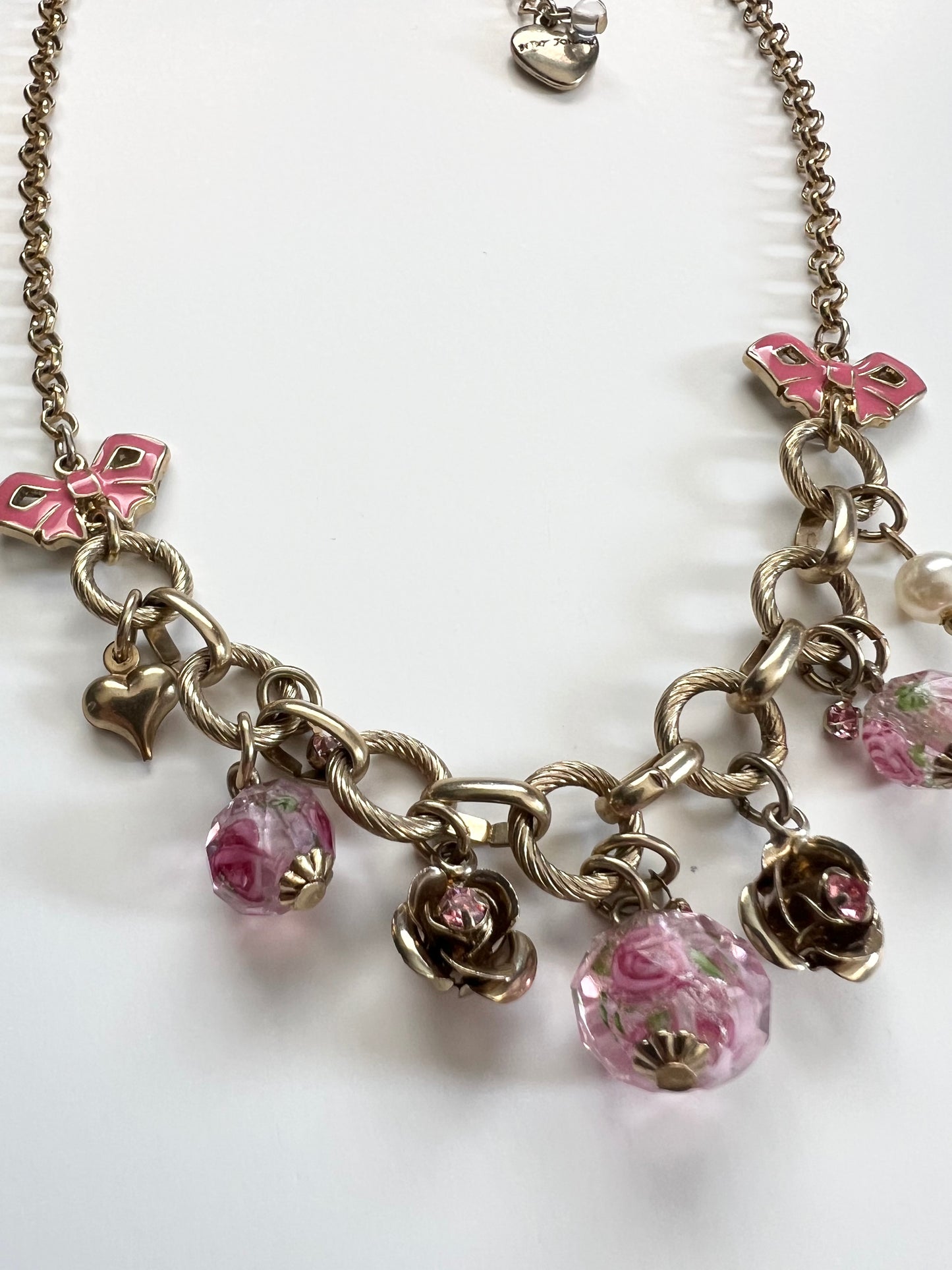 Betsey Johnson Pink Bow & Rose Charm Necklace