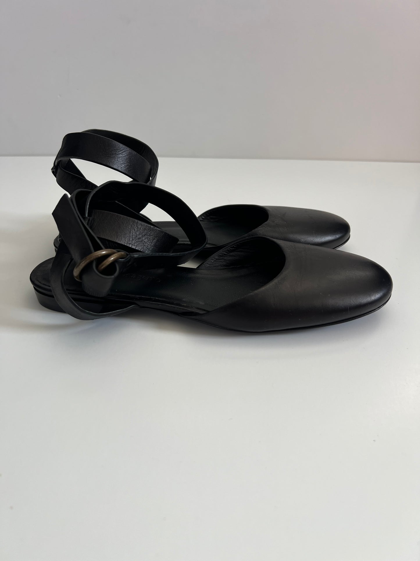 Jenni Kayne Black Lambskin Leather Ankle Wraparound Ballet Slipper Flats