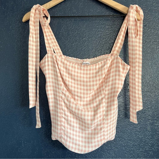 Reformation Ellora Top Light Pink White Gingham Bow Strap Blouse