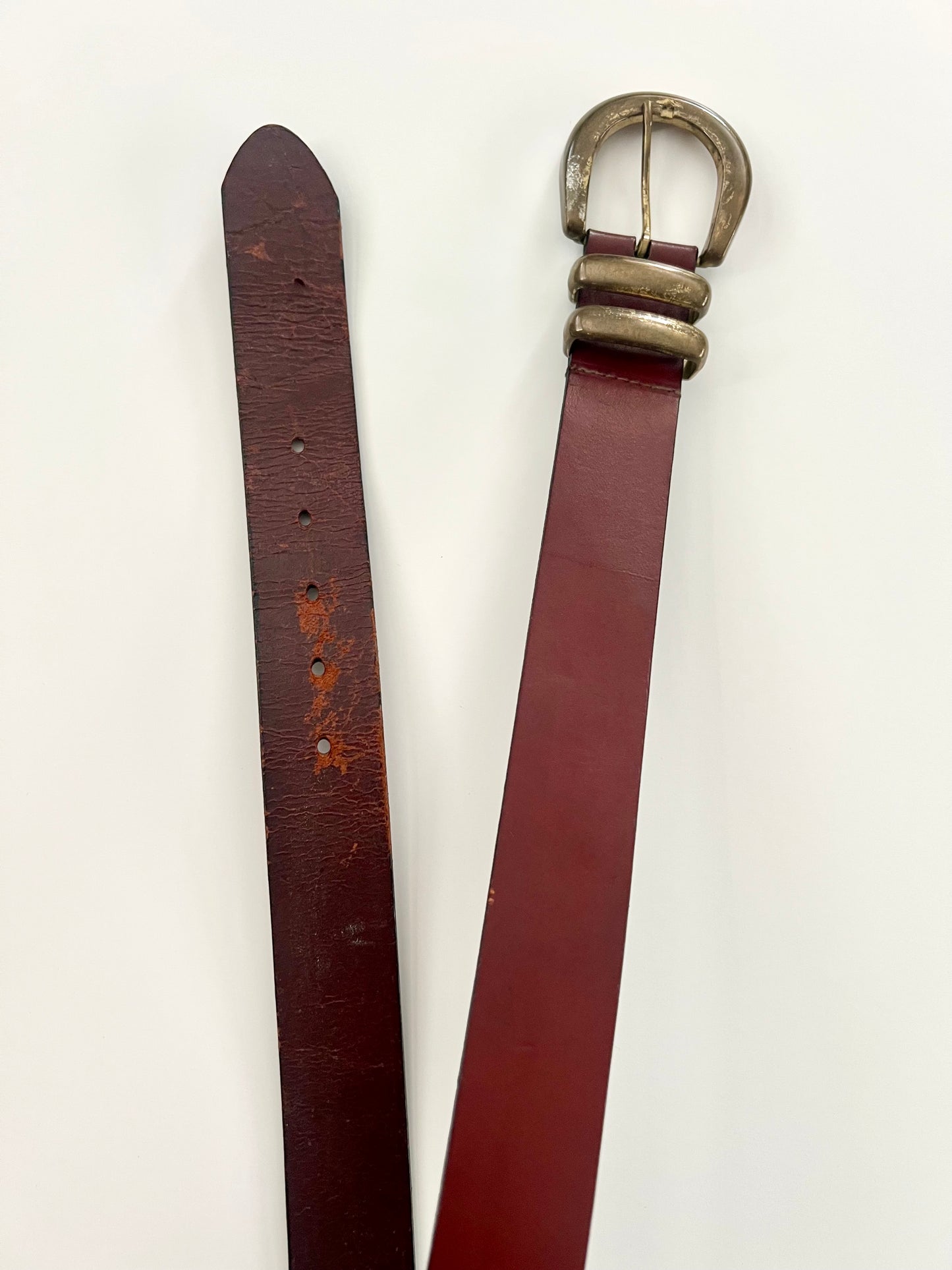 Vintage Leather Belt with Brass-Tone Double-Prong Buckle