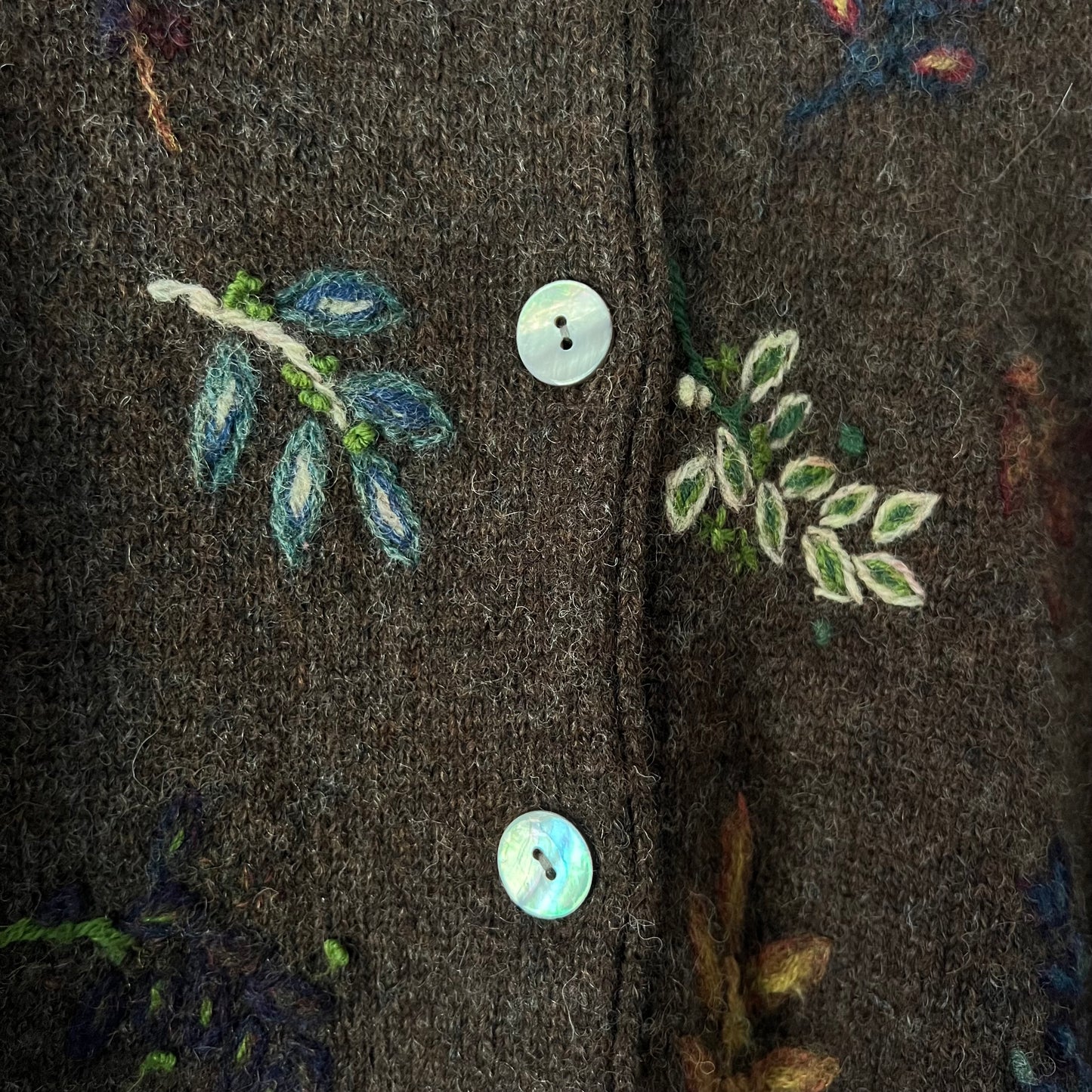 Vintage Alexandra Bartlett Wool Cardigan with Embroidered Leaf Motif