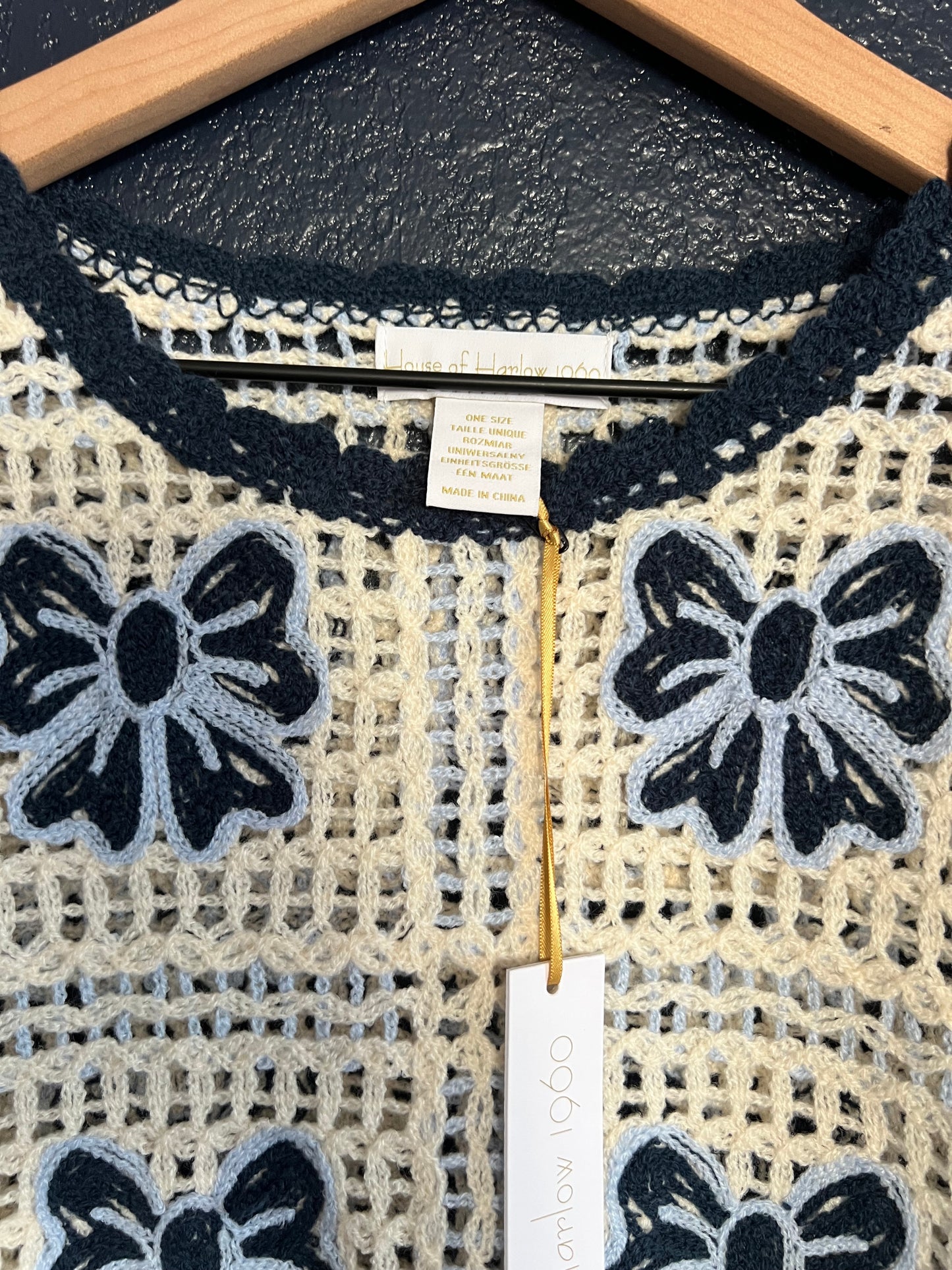 House of Harlow 1960 Cream & Navy Crochet Fringe Poncho Bow Motif