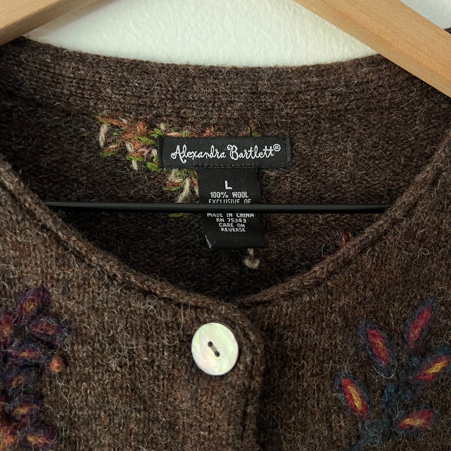 Vintage Alexandra Bartlett Wool Cardigan with Embroidered Leaf Motif