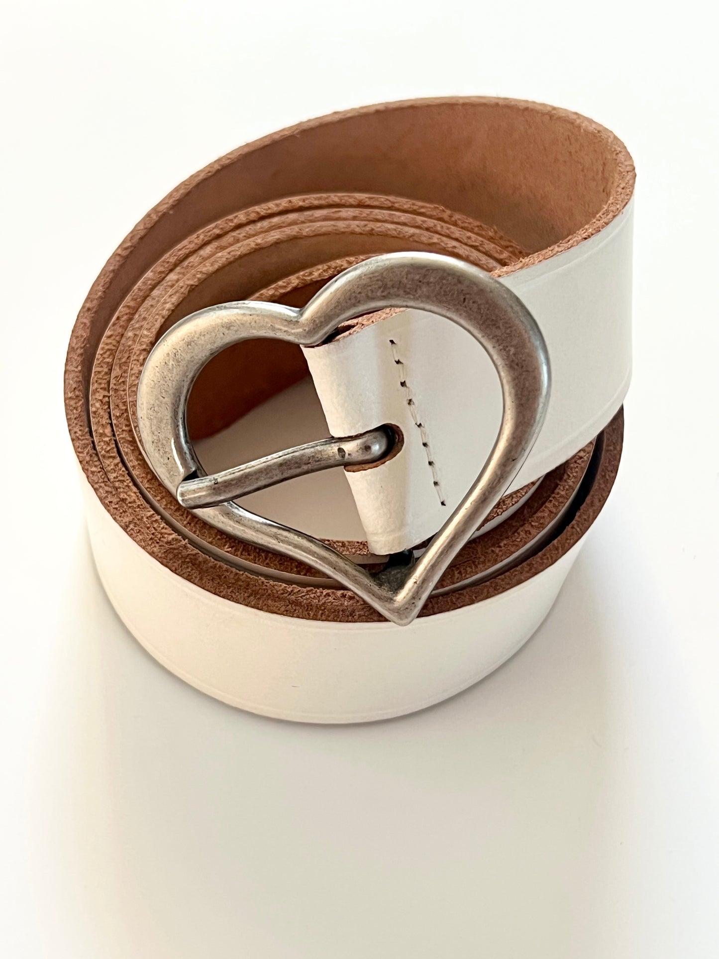 White Leather Belt with Heart Buckle