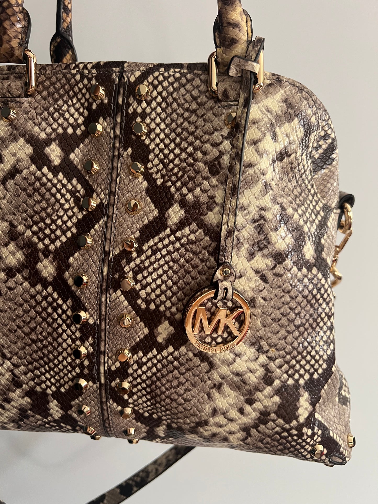 Michael Kors Astor Studded Snake-Embossed Leather Satchel Handbag