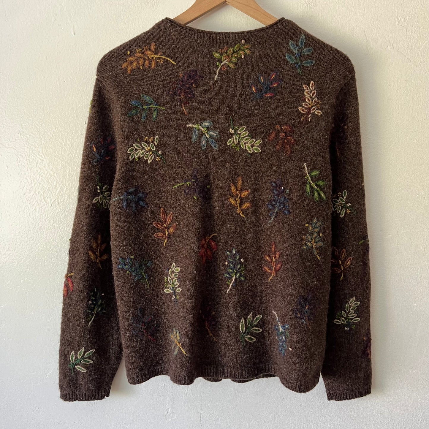 Vintage Alexandra Bartlett Wool Cardigan with Embroidered Leaf Motif