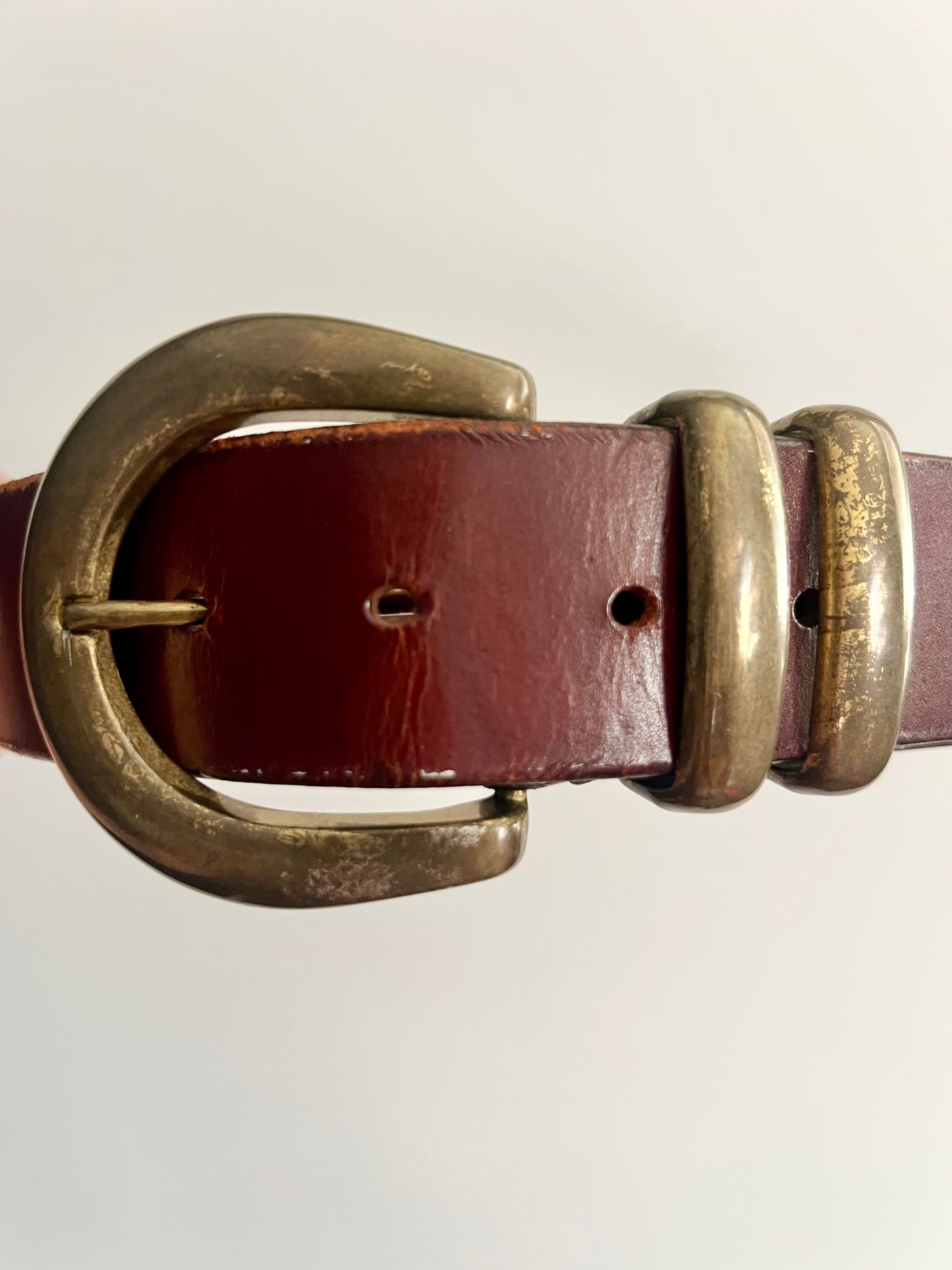 Vintage Leather Belt with Brass-Tone Double-Prong Buckle