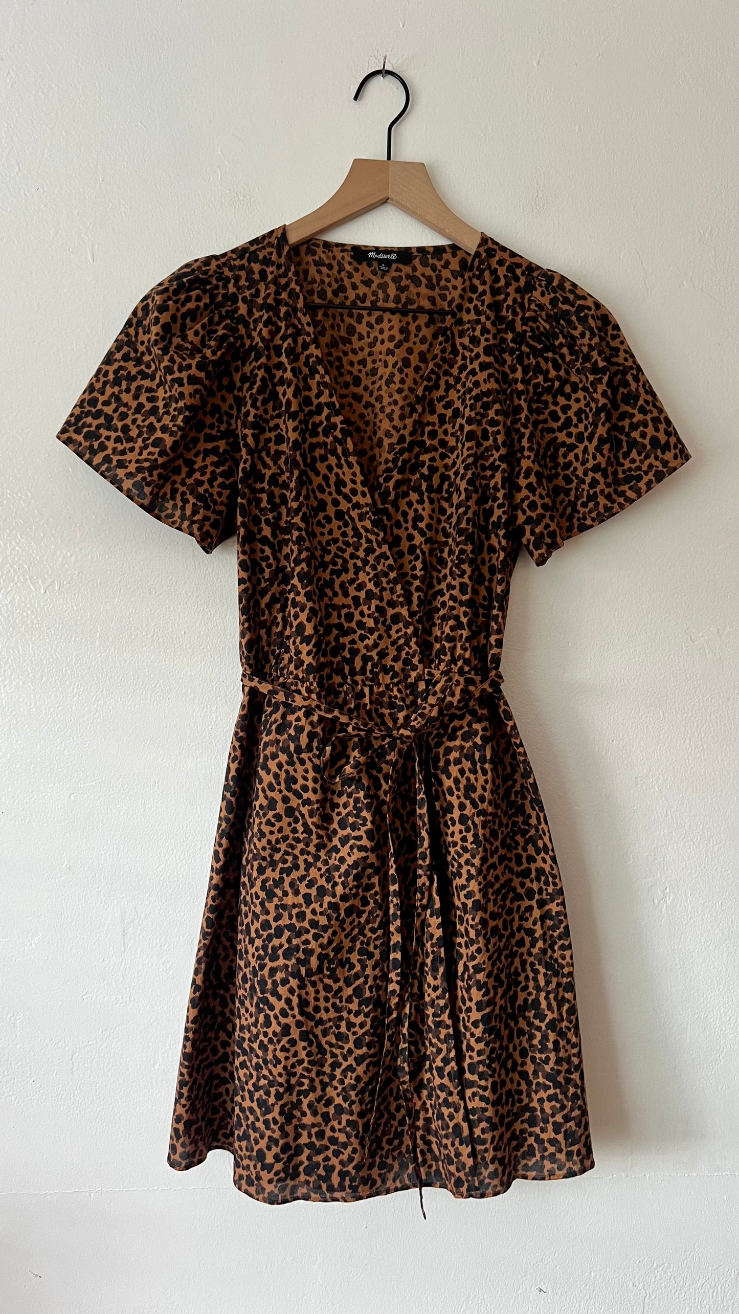 Madewell Petite Flutter-Sleeve Wrap Mini Dress in Painted Leopard