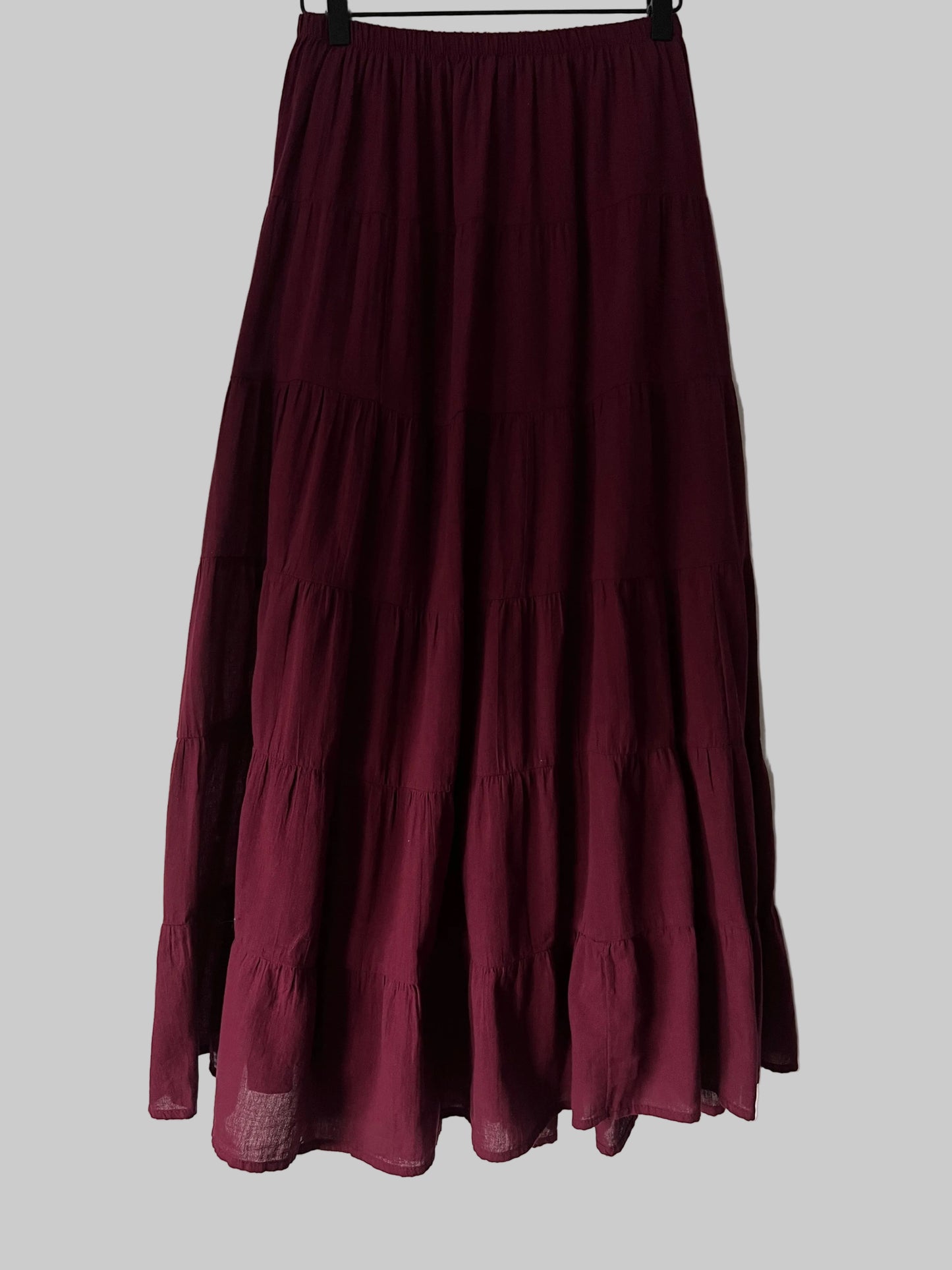 Bershka Maroon Tiered Cotton Maxi Skirt