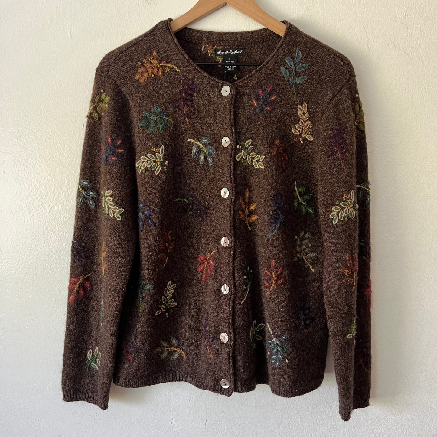 Vintage Alexandra Bartlett Wool Cardigan with Embroidered Leaf Motif