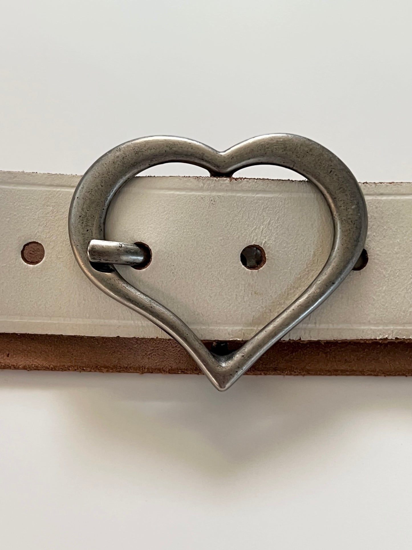 White Leather Belt with Heart Buckle