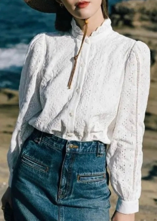 Petite Studio White Eyelet Embroidered Button Front Long Sleeve Blouse