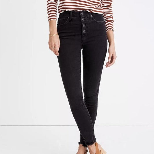 10" High-Rise Skinny Jeans in Berkeley Black: Button-Through Edition