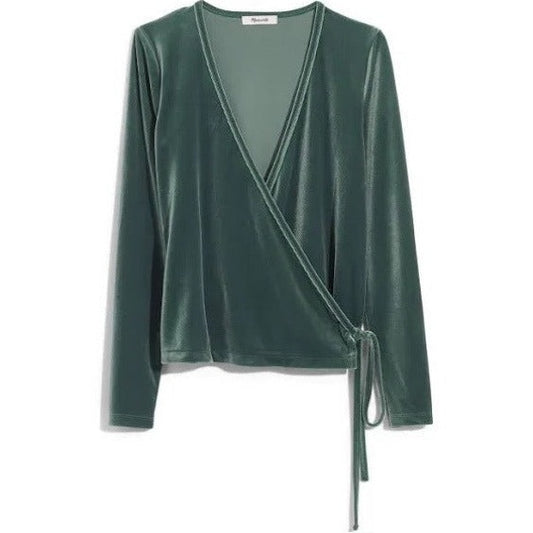 Madewell Ballet Velvet Wrap Top in Architect Green