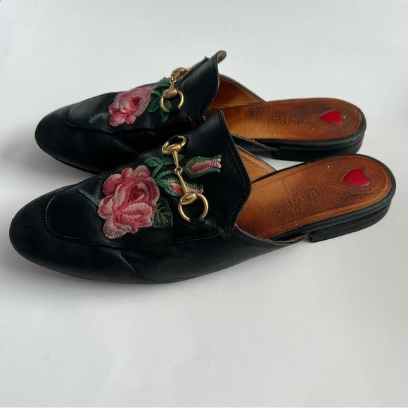 Gucci Princetown Horsebit Rose Embroidered Leather Mules