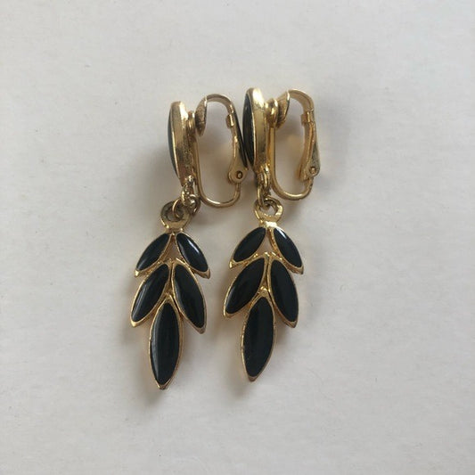Vintage black and gold tone clip on dangle earrings