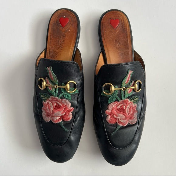 Gucci Princetown Horsebit Rose Embroidered Leather Mules